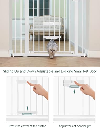 Babelio 29-48" Extra Wide Baby Gate with Cat Door, Auto Close Metal Pet Door for Stairs, Doorways, House, Pressure/Hardware Mounted, Easy Walk Thru, White