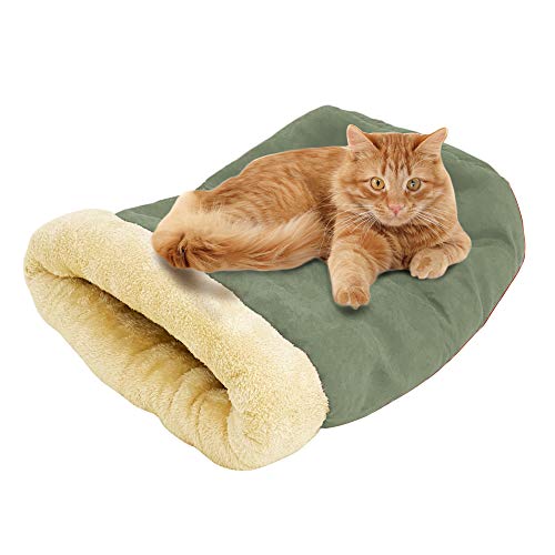 GOOPAWS 4 in 1 Self Warming Burrow Cat Bed, Pet Hideway Sleeping Cuddle Cave (Sage Green)