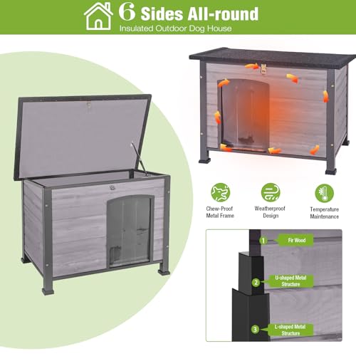 GUTINNEEN Large Outdoor Insulated Dog House Indestructible Dog Shelter Weatherproof Dog Kennel with Chew-Proof Metal Frame, Openable Roof for Small to Large Dog Breeds (Grey, 33.5"L x 22"W x 25.2"H)