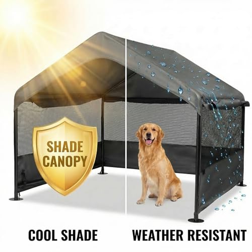 Yokaniwa Dog Tent House Outdoor Shade 4'x4'x3' Shelter for Large Medium Pets,Outside Sun Rain Waterproof Canopy with Three-Sided Breathable Mesh Windows,Livestock House with Ground Nails,Dark Gray