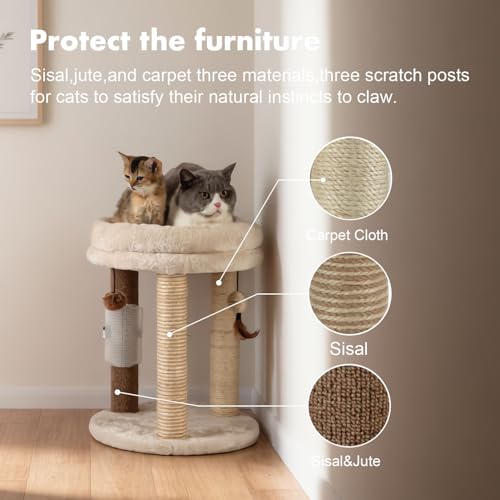 MECOOL 4in1 Small Cat Tree,Scratching Post with Tower Soft Bed, Sisal Carpet Jute Posts with Three Hanging Ball Toys and Massage Brush for Indoor Cats and Kittens