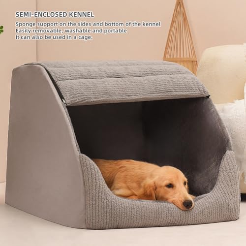Extra Large Dog Bed House, Cozy Dog House Indoor, Memory Sponge, Plush Dog Cave Bed Crate Cushion with Non-Slip Bottom for Medium Large Dogs (Grey, L)
