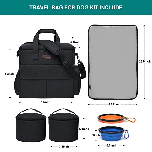 Dog Travel Bag by Modoker - Dog Travel Kit for a Weekend Away Set Includes Pet Travel Bag Organizer for Accessories, 2 Collapsible Bowls, 2 Travel Food Container (Black)
