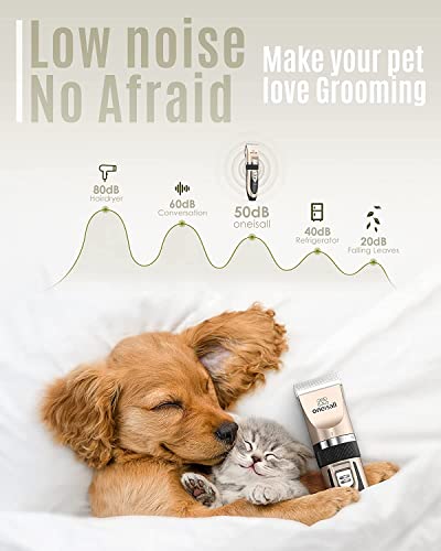 oneisall Dog Clippers Low Noise, Dog Grooming Kit with Rechargeable, Pet Shaver Cordless Electric Quiet Hair Clipper Set for Dogs Cats Pets（Gold）