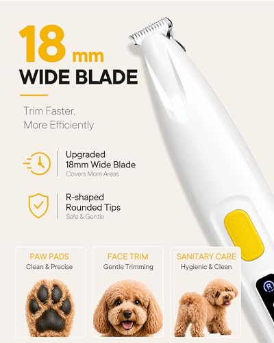 FURBONA Upgraded Dog Paw Trimmer with LED Light, 18 mm Widen Blade, 35 dB Low Noise, LED Display, Fully Waterproof, Rechargeable Clipper for Dogs Cats Trimming Paws, Eyes, Ears, Face, and Rump