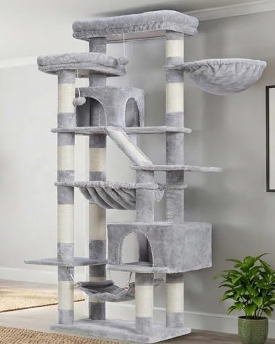 Heybly Cat Tree, 71-Inch-Tall Tower for Indoor Cats with 2 Perches, 2 Big Condos, 2 Hammocks, Basket, Scratching Pad, Large Cat Furniture and Condo, Light Gray HCT034W