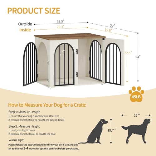 Hzuaneri 31.5'' Wooden Dog Crate Furniture, Indoor Dog Kennel Dogs Cage for Small/Medium Dogs, Heavy Duty Dog Crates Decorative Pet House End Side Table TV Stand, White Brown DFC85114B