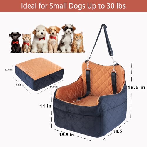 TOPOmerice Elevated Dog Car Seat for Small Dogs – Luxurious Dutch Suede Leather Pet Booster with Adjustable Safety Leash, Non-Slip Base, Washable Cover, Cozy Travel Bed for Pets up to 30 lbs