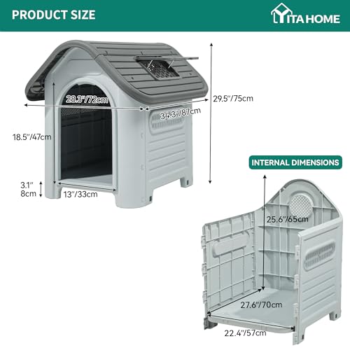YITAHOME 34.3'' Dog House, Weather Resistant Dog Bed House with Adjustable Skylight and Elevated Base, Outdoor Indoor Pet House for Small, Medium Dogs (34.3''L*28.3''W*29.5''H)