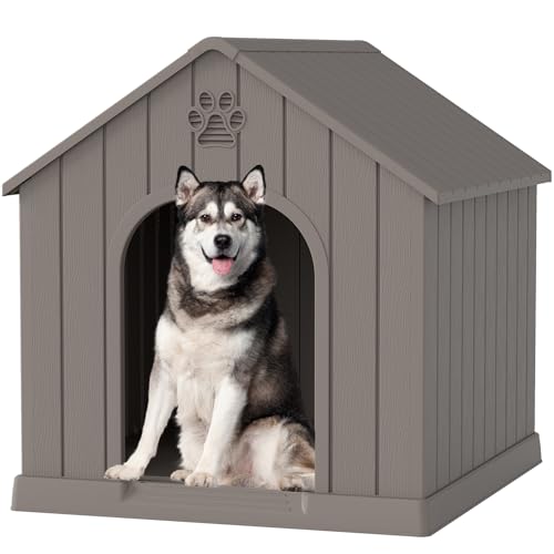 Fancyango Large Dog House Outdoor Indoor, Sturdy Plastic Waterproof Doghouse with Air Vents and Elevated Floor, Easy Clean and Assemble for Medium Large Dogs (Classic Grey, 36.2''L×38''W×38''H)