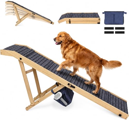 FurnPulse Extra Large Dog Ramp 63‘’L for High Bed, Couch & SUV – 200 Lb Heavy Duty Solid Wood Pet Ramp, 6 Adjustable Height – Portable Stable Non-Slip Steps for Medium to XL Dogs