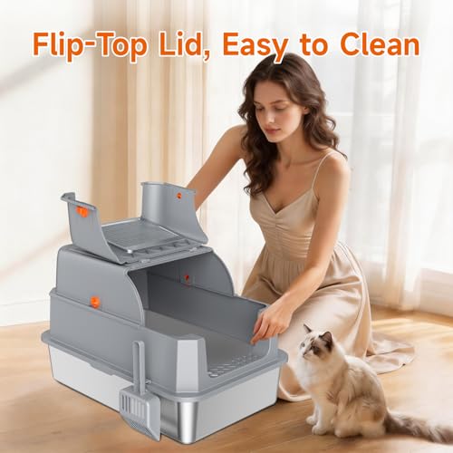 KISENG Stainless Steel Litter Box with Lid, High Sided Enclosed Metal Litter Box for Big Cats, Easy Cleaning Anti-Urine Leakage, Non-Sticky Cat Box, Front Entry Top Exit KittyBox, Includes Mat & Scoop