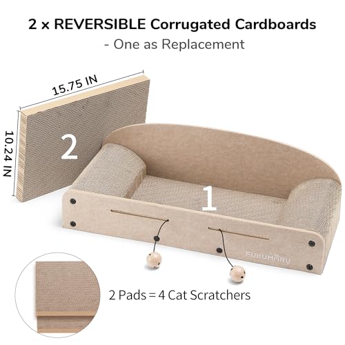 FUKUMARU 26 Inch Cat Scratcher Bed, 2 Reversible Cardboard Cat Scratch Pads Refill for Indoor Cats, Durable Large Cats Scratching Bed Sofa Couch Lounger with Fun Toys, Furniture Protector, Beige