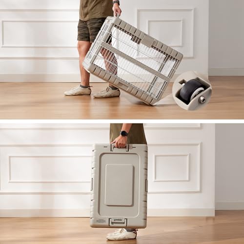 ZOMISIA Collapsible Dog Crate for Dogs - 28" L Heavy Duty Dog Kennel No Tools Required with 4 Sides Steel Foldable Cage for Dogs Indoor Furniture, Portable Carrier with 2 Smooth Wheels, Beige