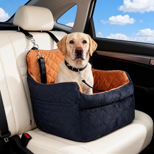TOPOmerice Elevated Dog Car Seat for Small Dogs – Luxurious Dutch Suede Leather Pet Booster with Adjustable Safety Leash, Non-Slip Base, Washable Cover, Cozy Travel Bed for Pets up to 30 lbs