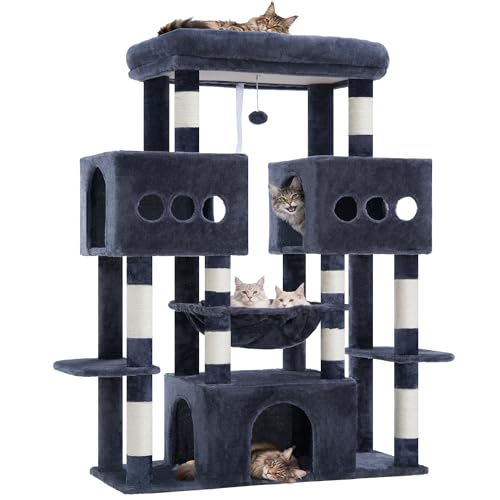 Hey-brother Cat Tree Tower, Large Sisal Scratching Posts with Big Platform, 3 Spacious Condos, Plush Hammock, Toy, 57.5 Inches Multi-Level Furniture for Indoor Adults Maine Coon, Smoky Gray MPJ083G
