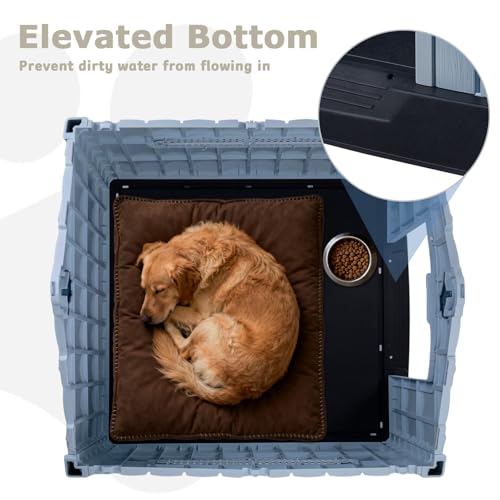 PUKAMI Large Dog House Outdoor Indoor, Plastic Dog House Weatherproof for Large Dogs, Sturdy Puppy Shelter with Air Vents and Elevated Floor, Easy Clean and Assemble (Grey, 37.2" D x 40" W x 40" H)