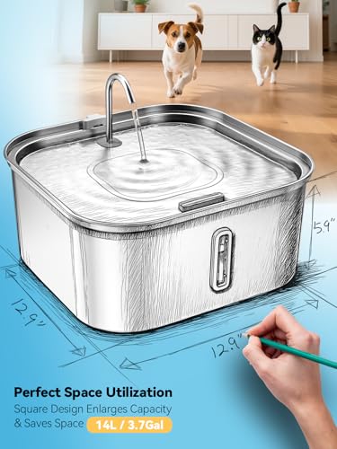 Large Dog Water Fountain 14L/3.7Gal, Stainless Steel Pet Fountain for Large Dogs and Multi-Pets Families, with Visible Window & Extra Wide Drinking Area, Square Design Enlarges Capacity & Saves Space