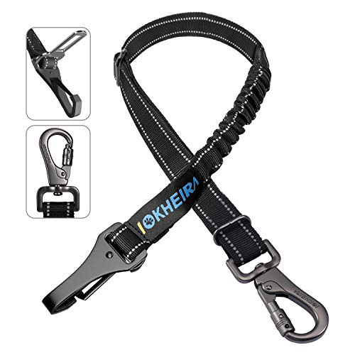 Dog Seat Belt 3-in-1 Car Harness for Dogs Adjustable Safety Seatbelt for Car Nylon Reflective Bungee Fabric Dog Car Harness with Clip Hook Latch & Buckle, Swivel Zinc Alloy Carabiner (Black)