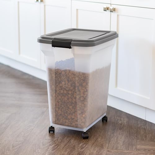 IRIS USA Dog Food Storage Container 40 lbs, Attachable Wheels, & Included Scoop, for Dog Cat Birds and other Pets, Food Storage Bin, Keep Fresh, Easy Mobility, BPA Free - Made in the USA, Dark Gray