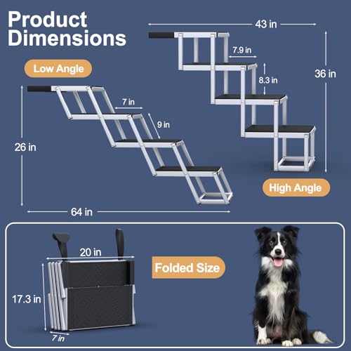 PetRuna Extra Wide Dog Stairs for Large Dogs, Foldable Dog Ramp for Car with Non-Slip Surface, Dogs Stairs for Cars, High Beds, Truck, Supports up to 250 lbs, 4 Steps