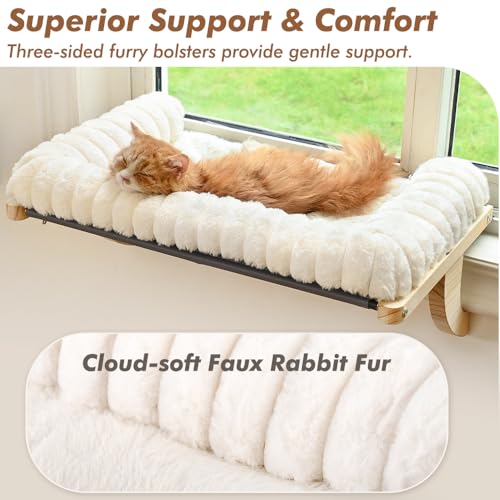 valigogo Cloud-Soft Cat Window Sill Perch with Zipper Designed Cushioned Bed, Supportive Cat Window Seat with Premium Solid Wood & Sturdy Metal Frame, Pet Hammock Bed for Large Cats (Large, White)
