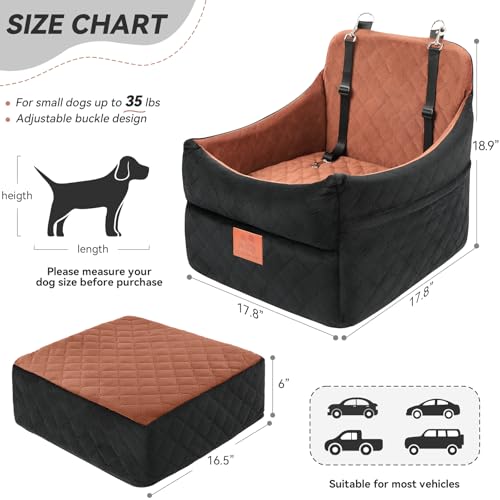 GL GLENSLAVE Dog Car Seat for Small/Medium Dogs, Dog Booster Car Seats with Thick Cushion for Dogs Under 35 lbs, Detachable Washable Pet Carseat with Storage Pockets, 2 Safety Belts(Black/Brown)