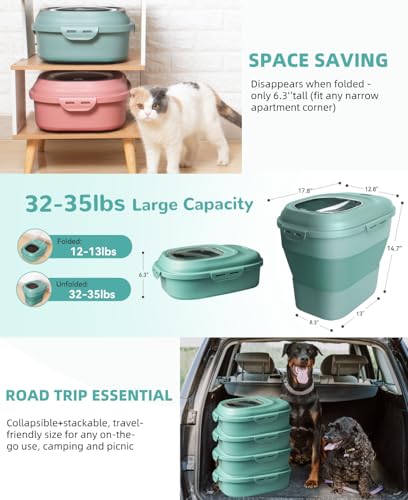 DDMOMMY 30-35 Lbs Dog Food Storage Container Collapsible Dog Food Container with Airtight Lids, Wheels, Scoop and 2pcs Food Storage Containers, Large Pet food storage for Dog, Cat (Green)