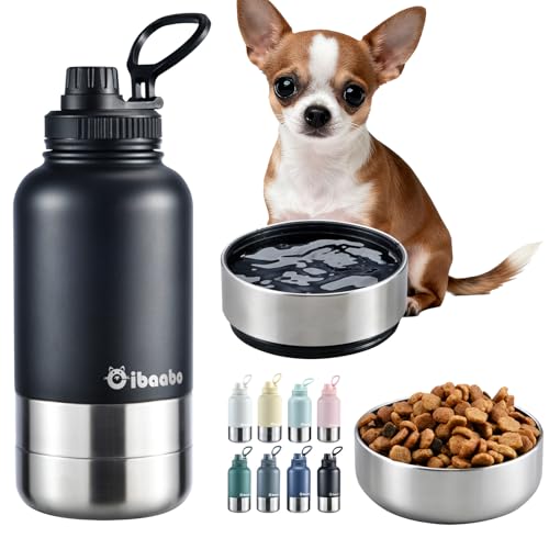 Cibaabo Insulated Dog Water Bottle with 2 Bowls, 32oz Travel Stainless Steel Double Wall Thermos, Portable Pet Dispenser, Gifts for Puppy Small Medium Dogs Walking Hiking and Camping