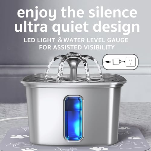 Veken Innovation Award Winner Stainless Steel Cat Water Fountain, 108oz/3.2L Automatic Pet Fountain Dog Water Dispenser with 6 Replacement Filters & Silicone Mat for Cats, Dogs, Multiple Pets (Silver)