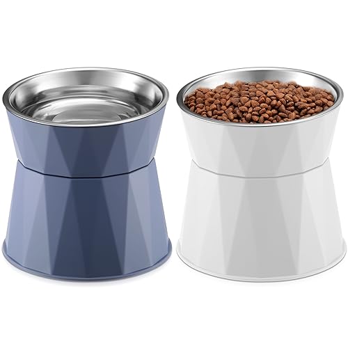 Lallisa Cat Feeder, 2 Pcs Elevated Stainless Steel Bowls with Adjustable Raised Stand, Non-Slip Pet Food and Water Bowl for Cats, Dogs, Hygienic Feeding Eating Pets (Blue, White)