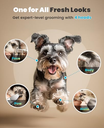 oneisall 4 in 1 Dog Grooming Kit with LCD Display, Dog Hair Trimmer for Paw Nail Grinder, Rechargeable Cordless Low Noise IPX7 Waterproof Pet Clippers