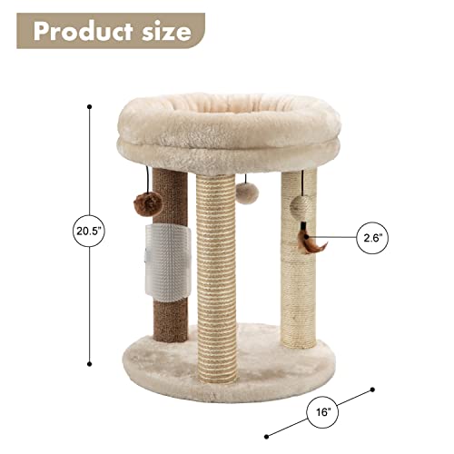 MECOOL 4in1 Small Cat Tree,Scratching Post with Tower Soft Bed, Sisal Carpet Jute Posts with Three Hanging Ball Toys and Massage Brush for Indoor Cats and Kittens