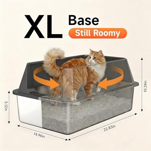 TEVILA Stainless Steel Litter Box with High Sides, XL High Sided Cat Litter Pan, Open Top Extra Large Metal Cat Litter Box, Non-Stick, Odor Free, Leakproof, Scoop Included, Gray
