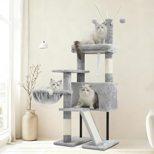 Gitelsnour Cat Tree for Indoor Cats, Cat Tower with Scratching Post for Small Cats and Kittens, Cat House with Removable Top Platform and Fluffy Balls, Hanging Cat Basket, Light Gray GCT006SW