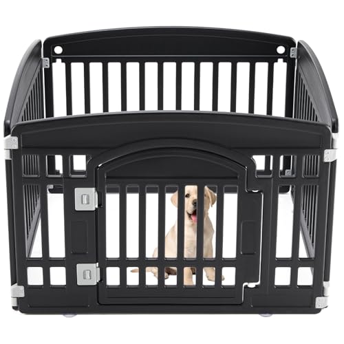 Sweetcrispy Plastic Dog Playpen, 4 Panel 24" Expandable & Durable Pet Fence for Small to Medium Dogs - Indoor & Outdoor Portable Puppy Playpen with Secure Locking Door - Black