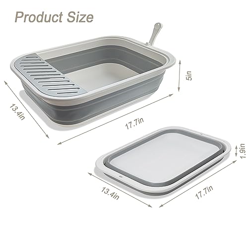 chuyouan Collapsible Kitten Litter Box, 17.7 x 13.4 x 5 inch Open Cat Potty Pan with Scoop Foldable Shallow Cat Toilet Anti-Splashing Low Entrance Travel Litter Box with Falling Sand Pedal Grey