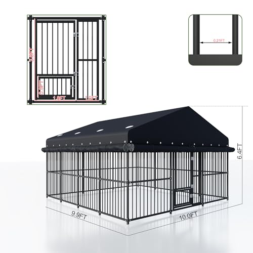 10x10x6 FT Outdoor Dog Kennel with Roof, Heavy Duty Outside Dog Cage for Large Dogs, Metal Pet Enclosure with Triple Safety Locks Dog Fence with Gate