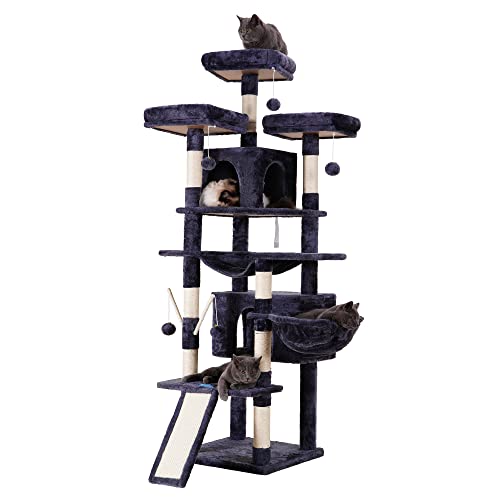 Hey-brother Cat Tree, 71 inches XL Large Cat Tower for Indoor Cats, Multi-Level Cat House with 3 Padded Perches, Big Scratcher, Cozy Basket, 2 Cat Condos and Scratching Posts, Smoky Gray MPJ034G