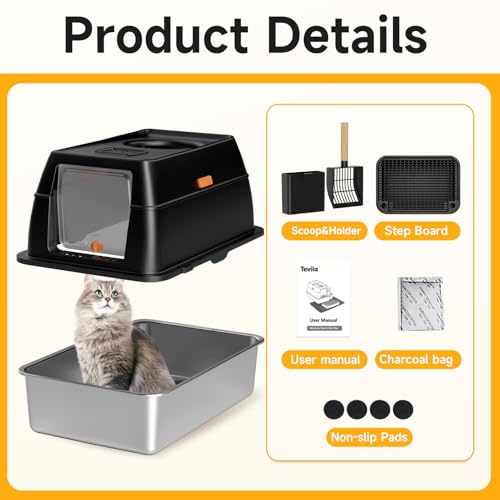 Tevila Extra Large Stainless Steel Litter Box with Lid, High Sided Enclosed Metal Cat Litter Pan, Dog Proof Front Entry Top Exit, Odor Control Easy Clean Leak Proof, Includes Scoop & Step, Black