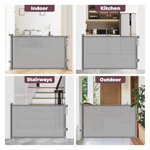 Cideny Retractable Baby Gate for Stairs & Doorways, Mesh Dog Gate Indoor Outdoor, Extends to 55" Wide 34" Tall Child Gate for Hallways, Deck, Porch, Pet Toddler Safety Essentials, Easy Install, Grey