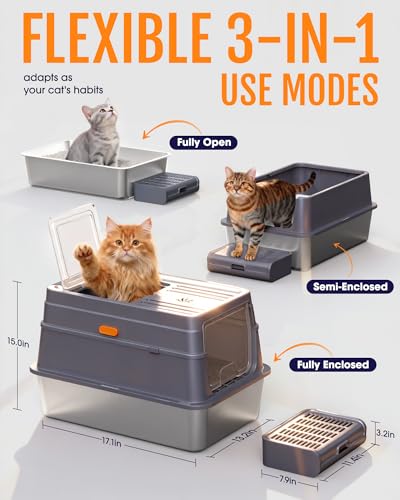 Powools Cat Litter Box - Stainless Steel Litter Box with Lid for Kitty, Metal Base Enclosed Cat Box with Litter Scoop, Elevated Step Box, Activated-Carbon Pack, 17.1" x 13.2" x 15", Grey