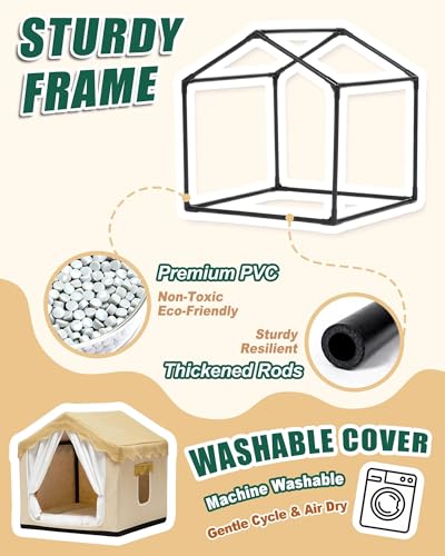 Pelemee Indoor Dog House, Breeze Pet Tent with Sturdy Frame & Window, Dog Cave Bed with Washable Cover for Medium-Large Dogs (36-66 lb), 29", Cream