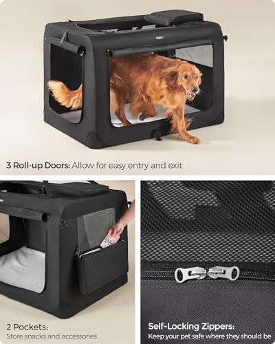Feandrea 48 Inches Collapsible Soft Dog Crate, Portable Travel Dog Crate for Indoor and Outdoor Use, Dog Carrier Kennel with Safety Zippers, for Living Room, Car, Travelling, Camping, Black UPDC12H