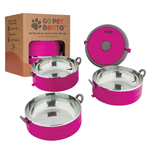 Healthy Human Travel Pet Bento Bowls - Leak Proof, Human-Grade Stainless Steel & BPA-Free, 3-Pack Water & Food Container Set, Clips & Handle (Pink)