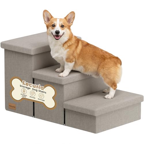 Fecuria 3-Step Wide Dog Stairs with Hidden Storage 18" H, Non-Slip Dog Steps for High Bed Couch Window Car, Jiont-Friendly Pet Stairs Ramp for Small/Medium/Large Old Dogs Cats Up to 220lbs, Grey