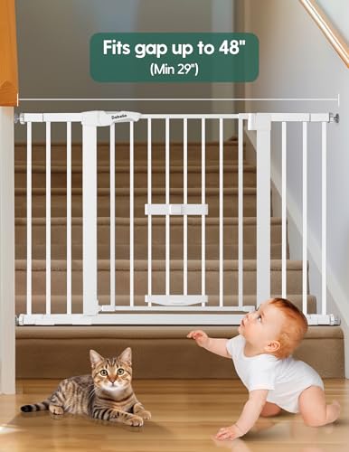 Babelio 29-48" Extra Wide Baby Gate with Cat Door, Auto Close Metal Pet Door for Stairs, Doorways, House, Pressure/Hardware Mounted, Easy Walk Thru, White