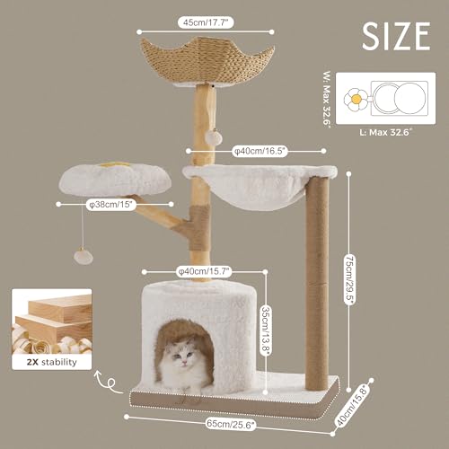 Moewrista Modern Cat Tree with Hammock 48.5 Inches Cat Tower with Scratching Post,Featuring Real Wood Post,Large Rattan Basket, Spacious Flower Perch and Condo for Indoor Cat Large Adults-Beige