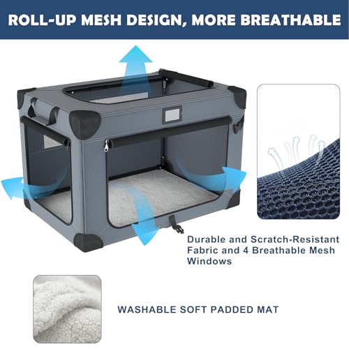 QUIBBLICK 30 Inch Soft Dog Crates, Collapsible Dog Travel Crate for Medium Dogs Indoor & Outdoor, 3-Door Foldable Pet Kennel with Mesh Windows, Soft Blanket and Foldable Bowl