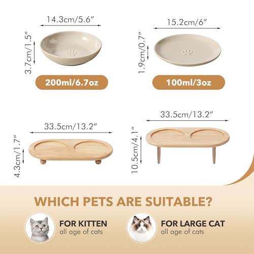 Havniva Cat Bowls Elevated 5.6” Ceramic Cat Bowl with Stand Whisker Friendly Shallow Cat Dishes, Cat Food & Water Bowl Set with Two Heights Options, Anti-Slip Raised Cat Food Bowl for Kitten